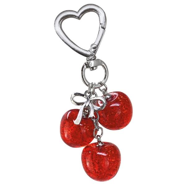 Breloc glitter charm cu inel si carabina. Cirese rosii