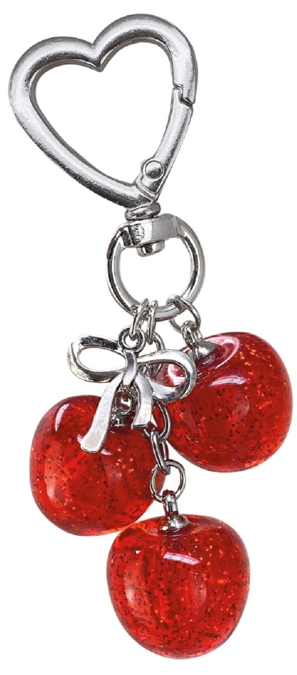 Breloc glitter charm cu inel si carabina. Cirese rosii