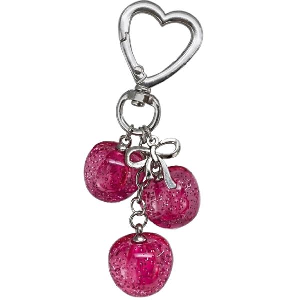 Breloc glitter charm cu inel si carabina. Cirese roz