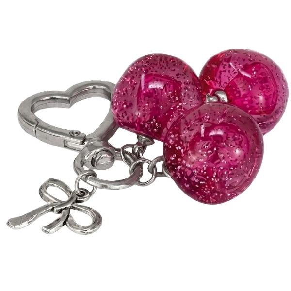 Breloc glitter charm cu inel si carabina. Cirese roz