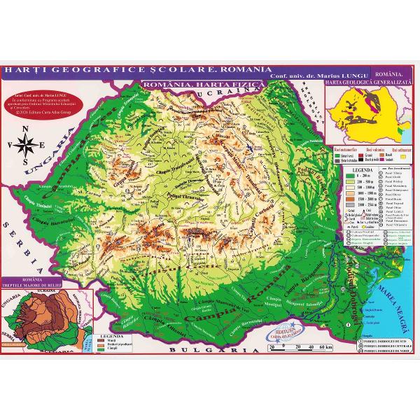 Plansa: Harta Romaniei. Harta fizica, harta repartitiei oraselor A4