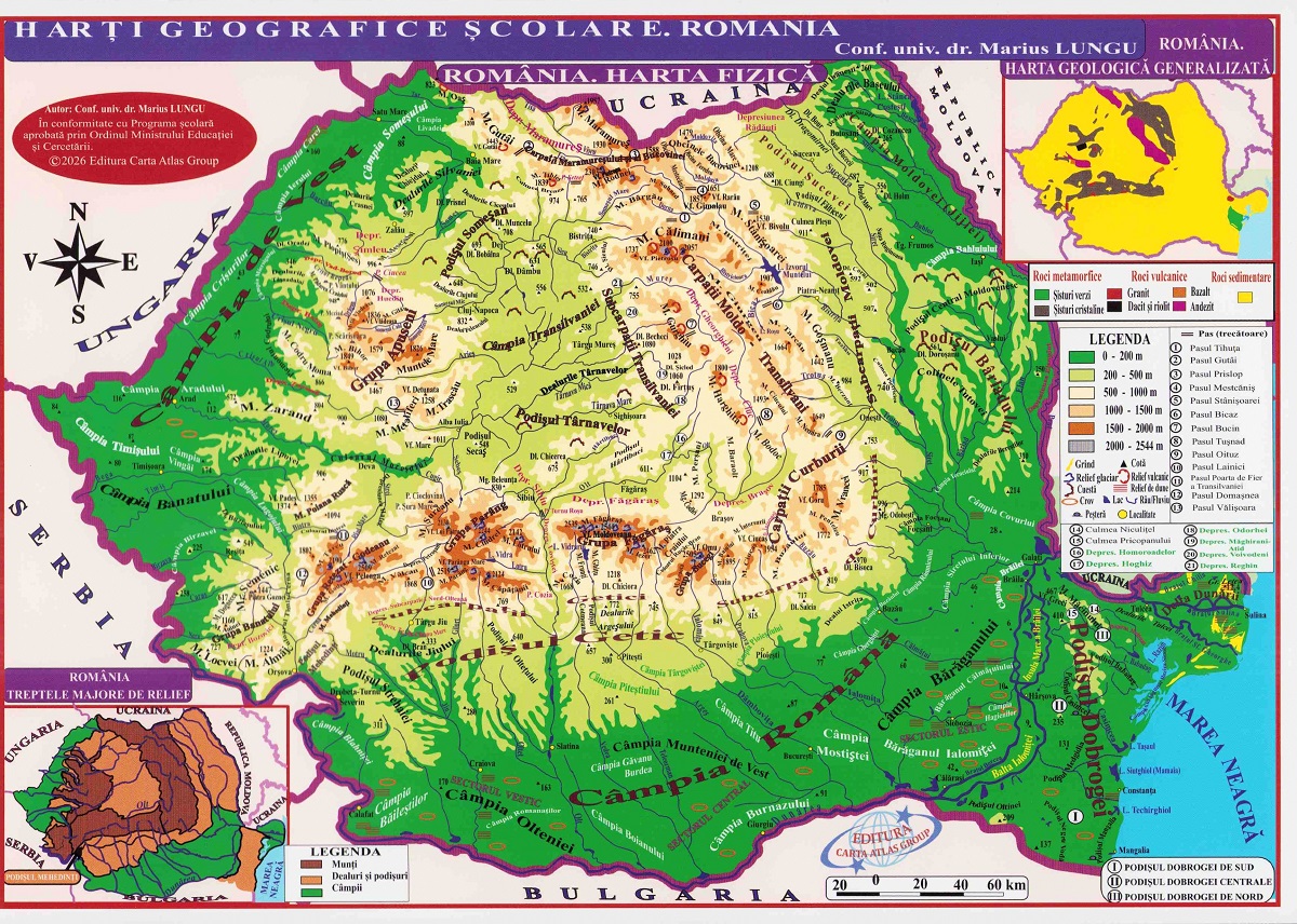Coperta cărții 'Planșă: Harta României. Harta fizică, harta repartiției orașelor A4'