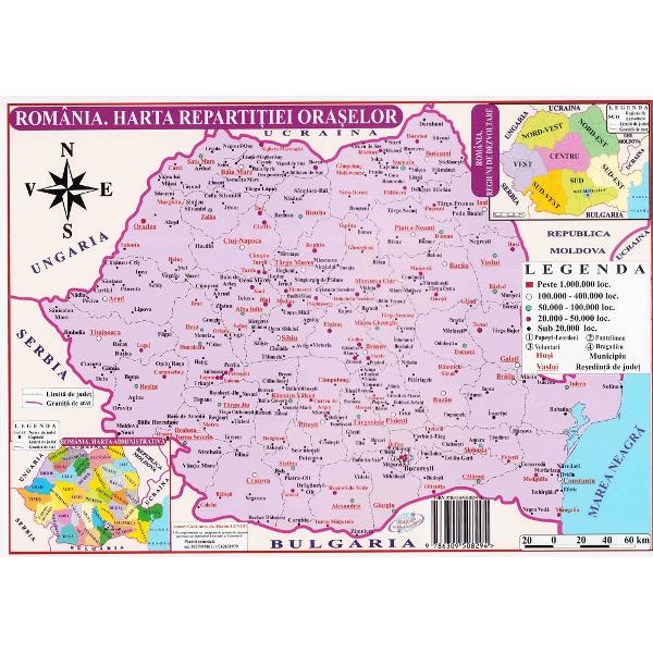 Plansa: Harta Romaniei. Harta fizica, harta repartitiei oraselor A4