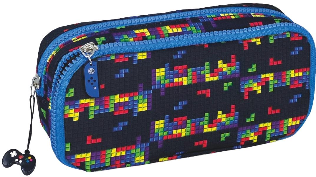 Imaginea produsului 'Penar Game Over cu 2 fermoare și charms. Negru-albastru'