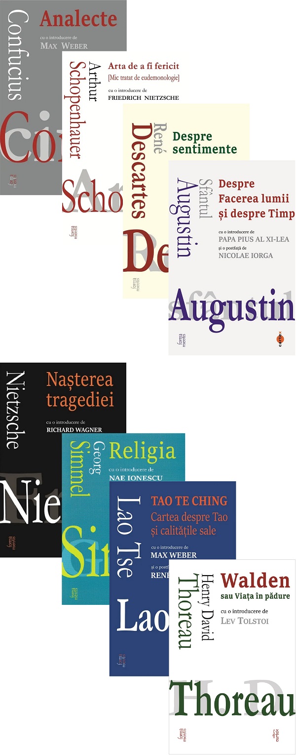 Coperta cărții 'Pachet 8 cărți: Forma mentis - Confucius, Arthur Schopenhauer, Rene Descartes, Sfantul Augustin, Friedrich Nietzsche,'