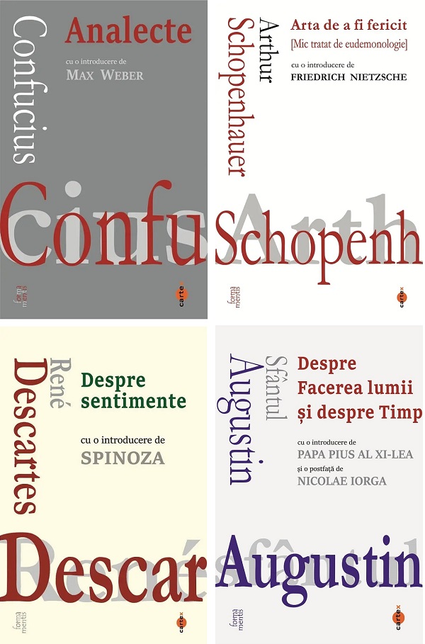 Coperta cărții 'Pachet 8 cărți: Forma mentis - Confucius, Arthur Schopenhauer, Rene Descartes, Sfantul Augustin, Friedrich Nietzsche,'