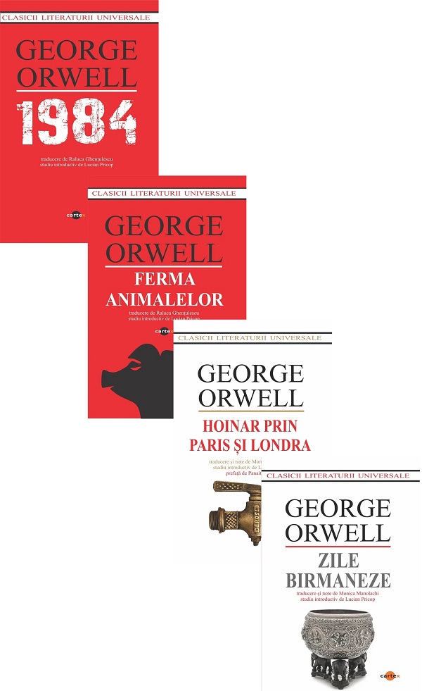 Coperta cărții 'Pachet 4 cărți: 1984 + Ferma Animalelor + Hoinar prin Paris și Londra + Zile birmaneze - George Orwell'