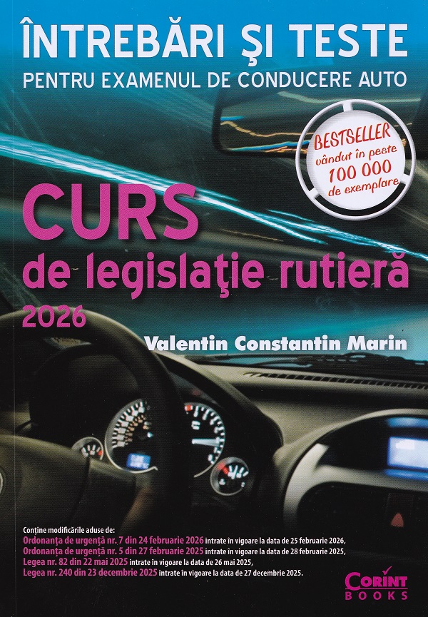 Coperta cărții 'Curs de legislație rutieră 2026. Întrebări și teste - Valentin Constantin Marin'