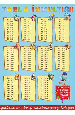 Coperta cărții 'Tabla înmulțirii. Tabla împărțirii. Școlărelul isteț învață tabla înmulțirii și tabla împărțirii'
