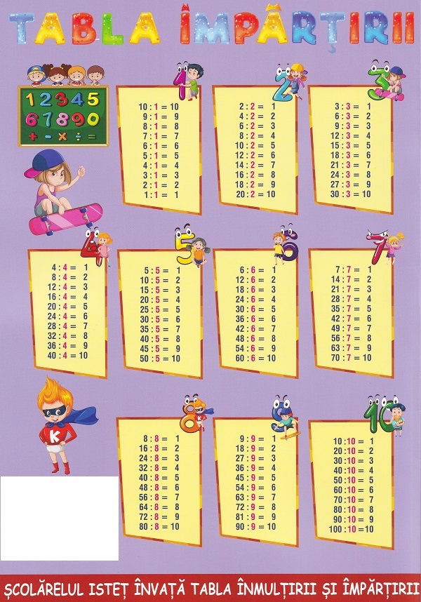 Coperta cărții 'Tabla înmulțirii. Tabla împărțirii. Școlărelul isteț învață tabla înmulțirii și tabla împărțirii'