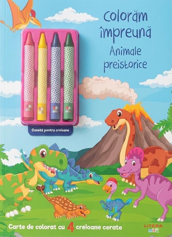 Coperta cărții 'Colorăm împreună. Animale preistorice. Carte de colorat cu 4 creioane cerate'