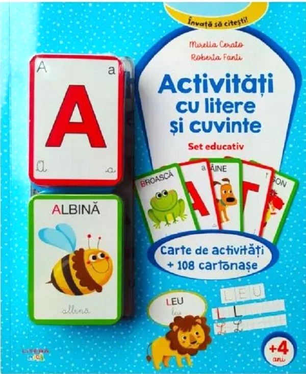 Coperta cărții 'Activități cu litere și cuvinte. Set educativ. Carte de activități + 108 cartonașe - Mirella Cerato, Roberta Fanti'