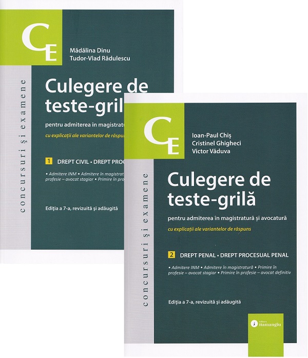 Coperta cărții 'Pachet 2 volume: Culegere de teste-grilă pentru admiterea în magistratură și avocatură Ed.7 - Mădălina Dinu, Tudor-Vlad'