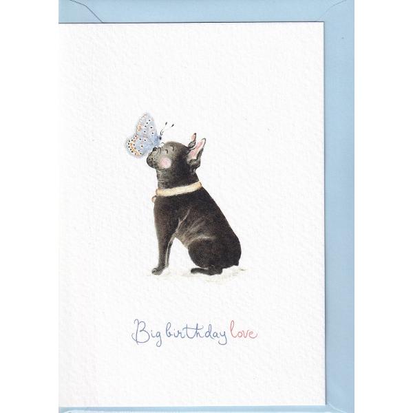 Felicitare: Frenchie. Big Birthday Love. Fluture. Mai Colorat