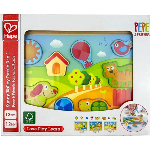 Puzzle din lemn 3 in 1. Pepe si prietenii