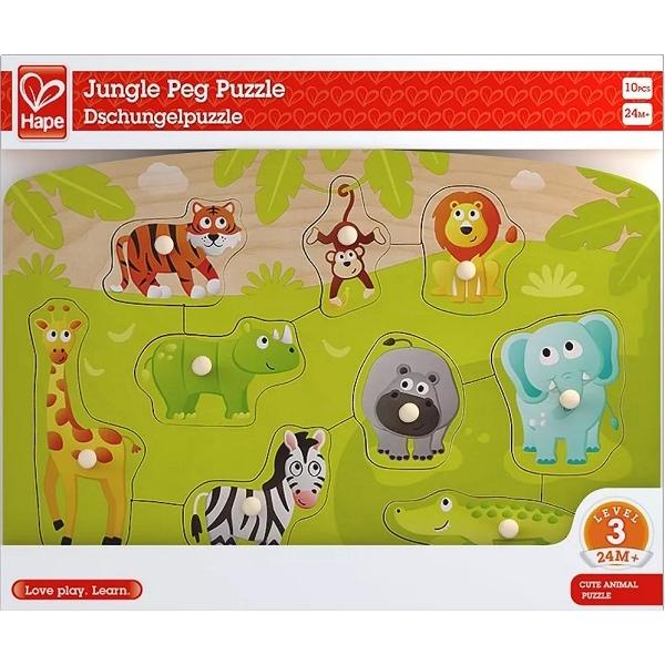 Puzzle din lemn cu butoni: Animale din jungla