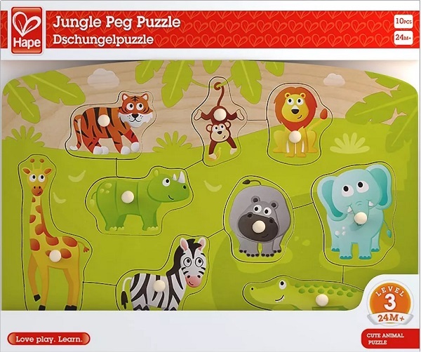 Imaginea produsului 'Puzzle din lemn cu butoni: Animale din junglă'
