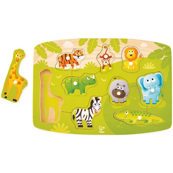 Puzzle din lemn cu butoni: Animale din jungla