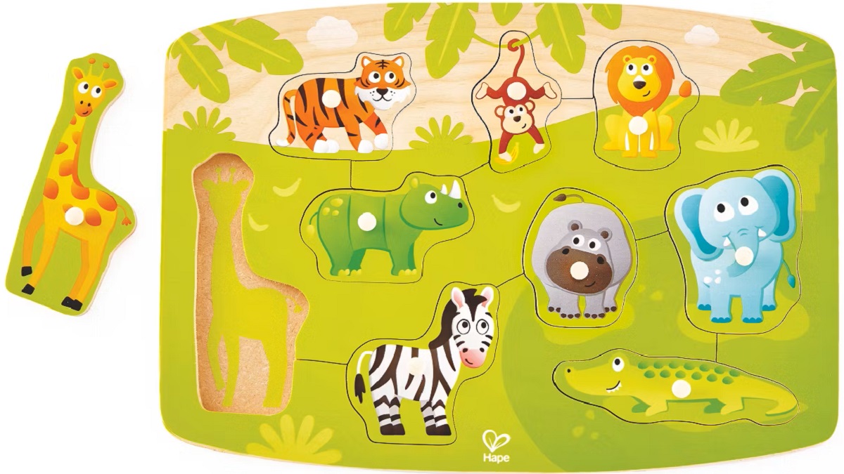 Imaginea produsului 'Puzzle din lemn cu butoni: Animale din junglă'