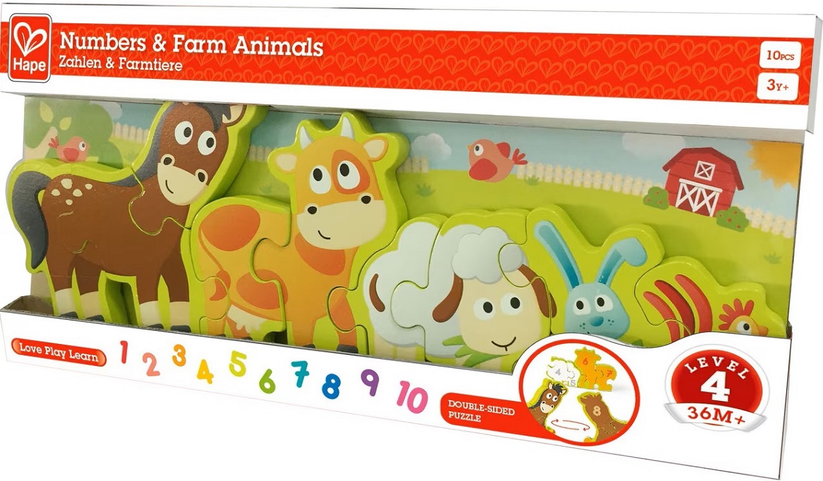 Imaginea produsului 'Puzzle din lemn. Numere și animale de la fermă'