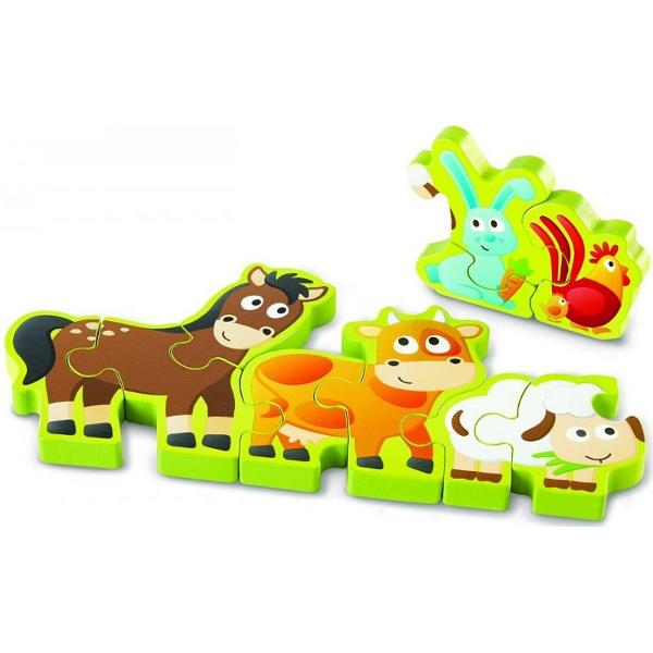 Puzzle din lemn. Numere si animale de la ferma
