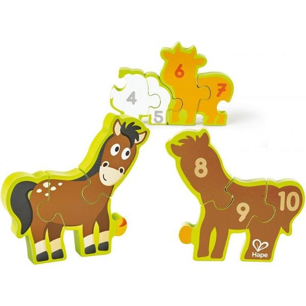 Puzzle din lemn. Numere si animale de la ferma
