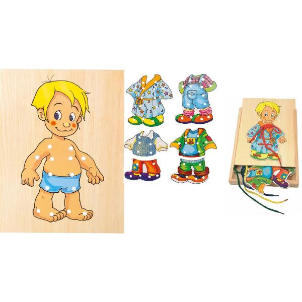 Puzzle din lemn: Imbraca baietelul