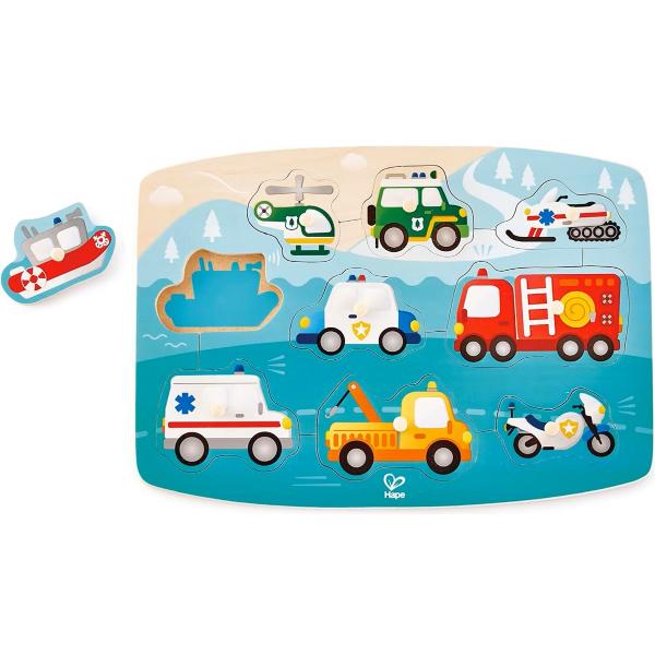 Puzzle din lemn cu butoni: Autovehicule de interventie