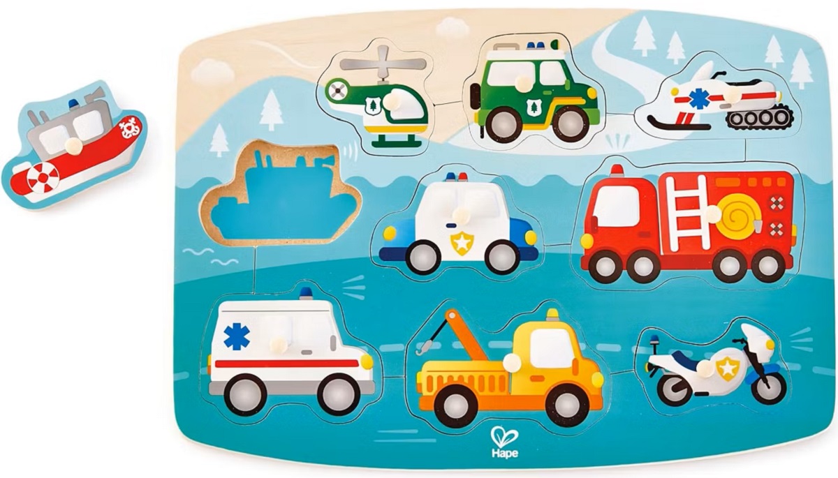 Imaginea produsului 'Puzzle din lemn cu butoni: Autovehicule de intervenție'