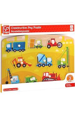 Imaginea produsului 'Puzzle din lemn cu butoni: Autovehicule de construcție'
