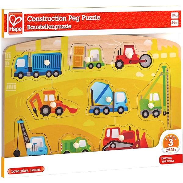Puzzle din lemn cu butoni: Autovehicule de constructie