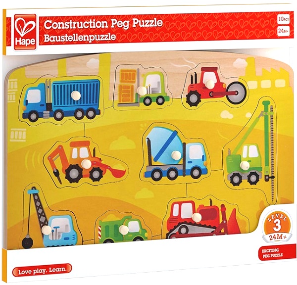 Imaginea produsului 'Puzzle din lemn cu butoni: Autovehicule de construcție'