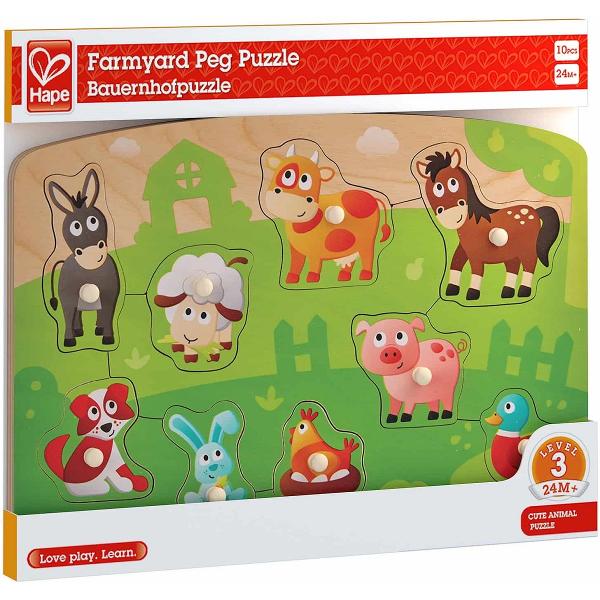 Puzzle din lemn cu butoni: Animale de la ferma