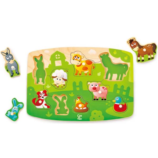 Puzzle din lemn cu butoni: Animale de la ferma