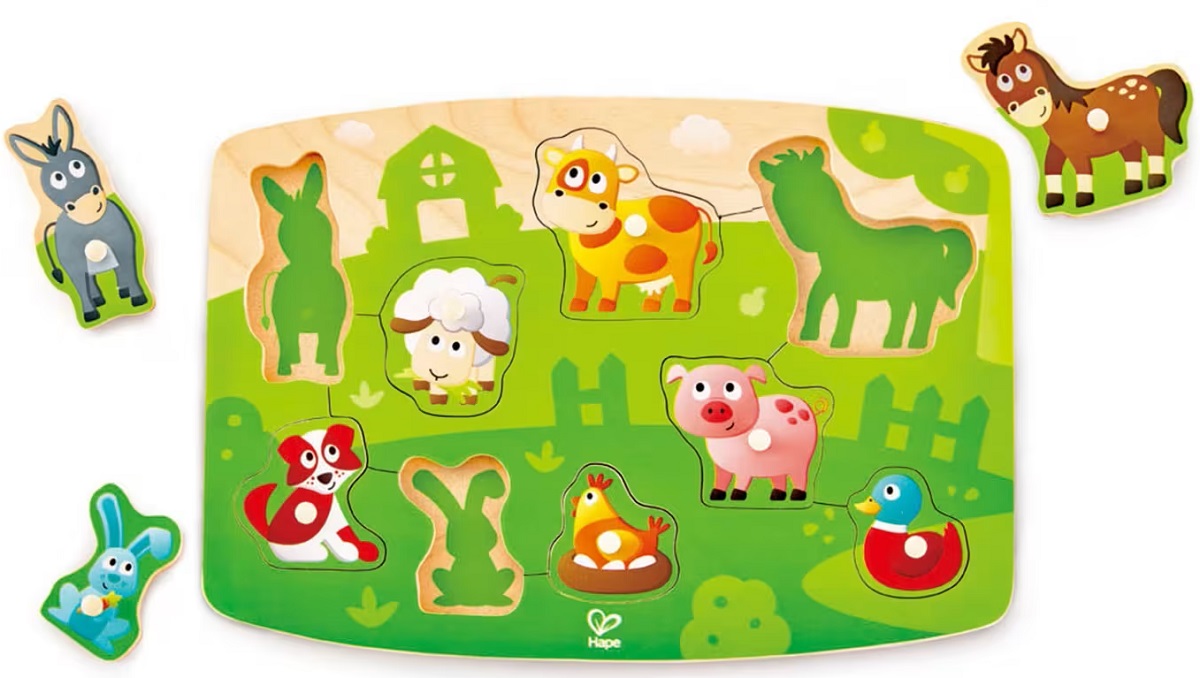 Imaginea produsului 'Puzzle din lemn cu butoni: Animale de la fermă'