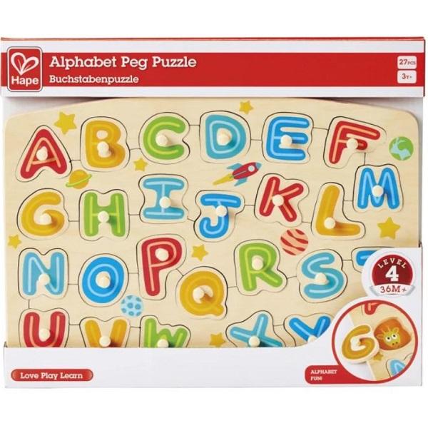 Puzzle din lemn cu butoni: Alfabet