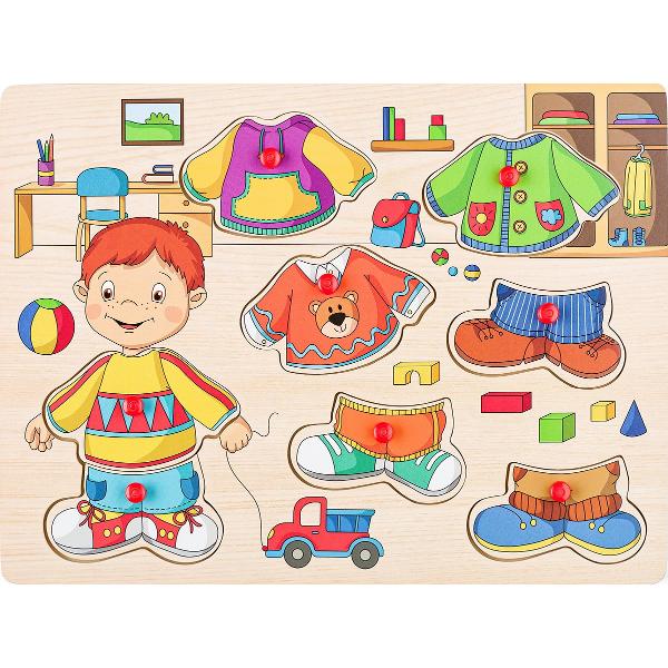 Puzzle din lemn cu butoni: Imbraca-l pe Sebastian