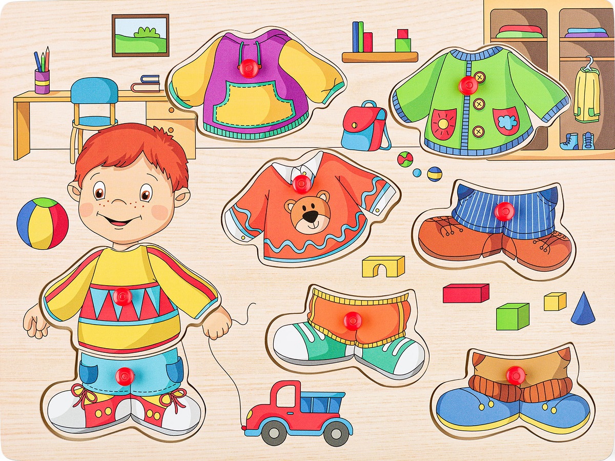 Imaginea produsului 'Puzzle din lemn cu butoni: Îmbracă-l pe Sebastian'