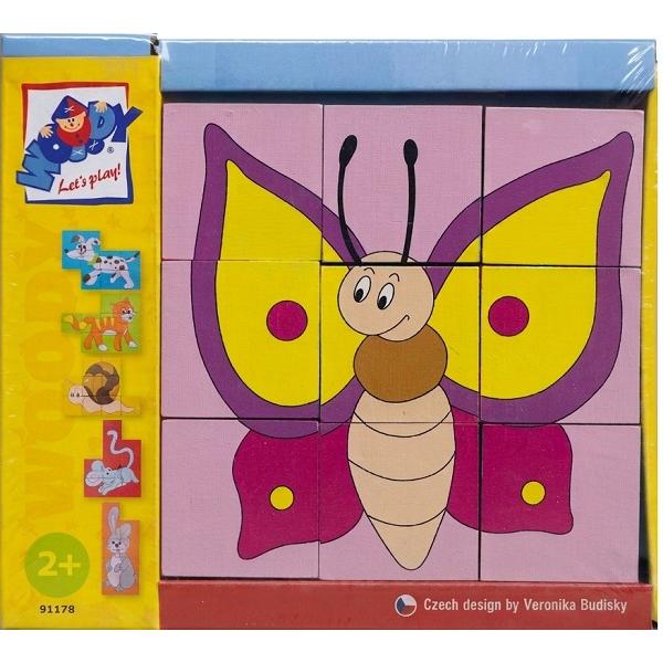 Puzzle din lemn cuburi. Animale colorate