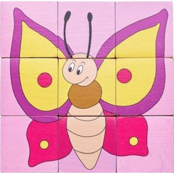 Puzzle din lemn cuburi. Animale colorate