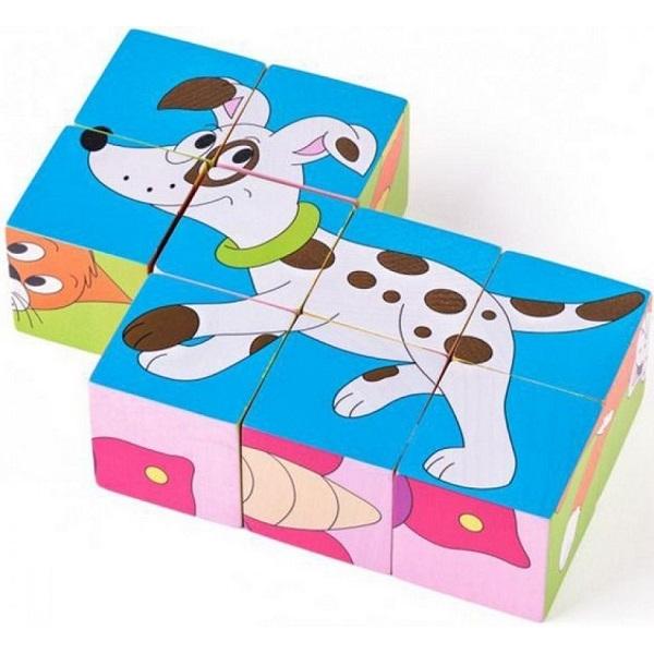 Puzzle din lemn cuburi. Animale colorate
