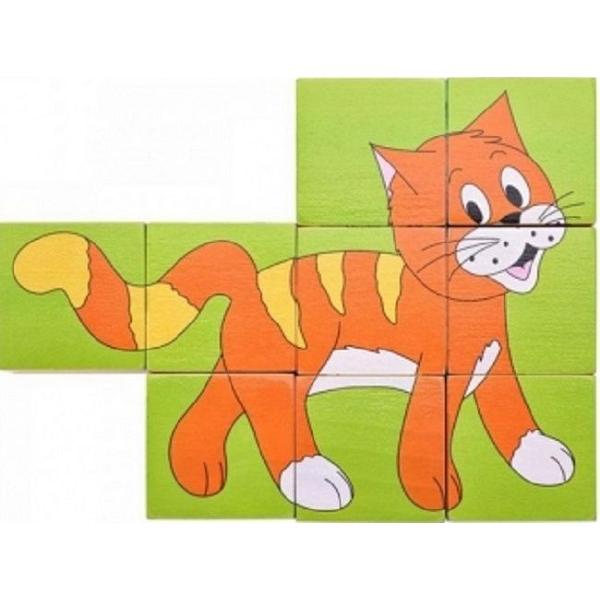 Puzzle din lemn cuburi. Animale colorate