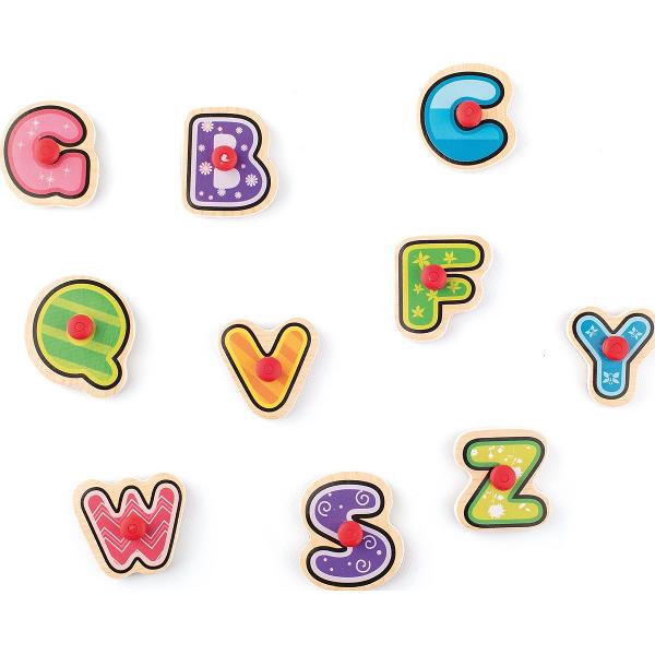 Puzzle din lemn cu butoni: Alfabet cu stampile si tusiera