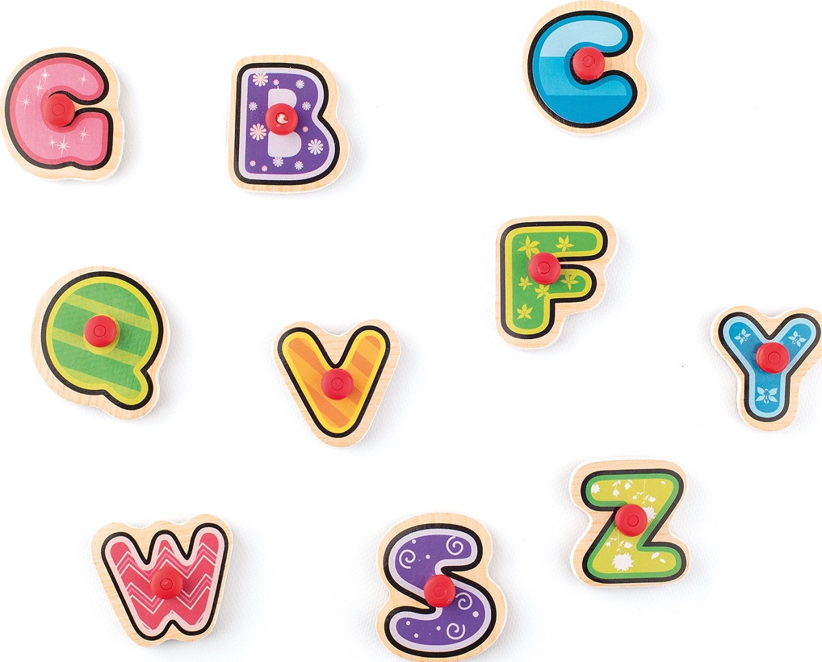 Imaginea produsului 'Puzzle din lemn cu butoni: Alfabet cu ștampile și tușieră'