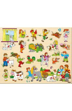 Imaginea produsului 'Puzzle din lemn cu butoni: Copii și animale'