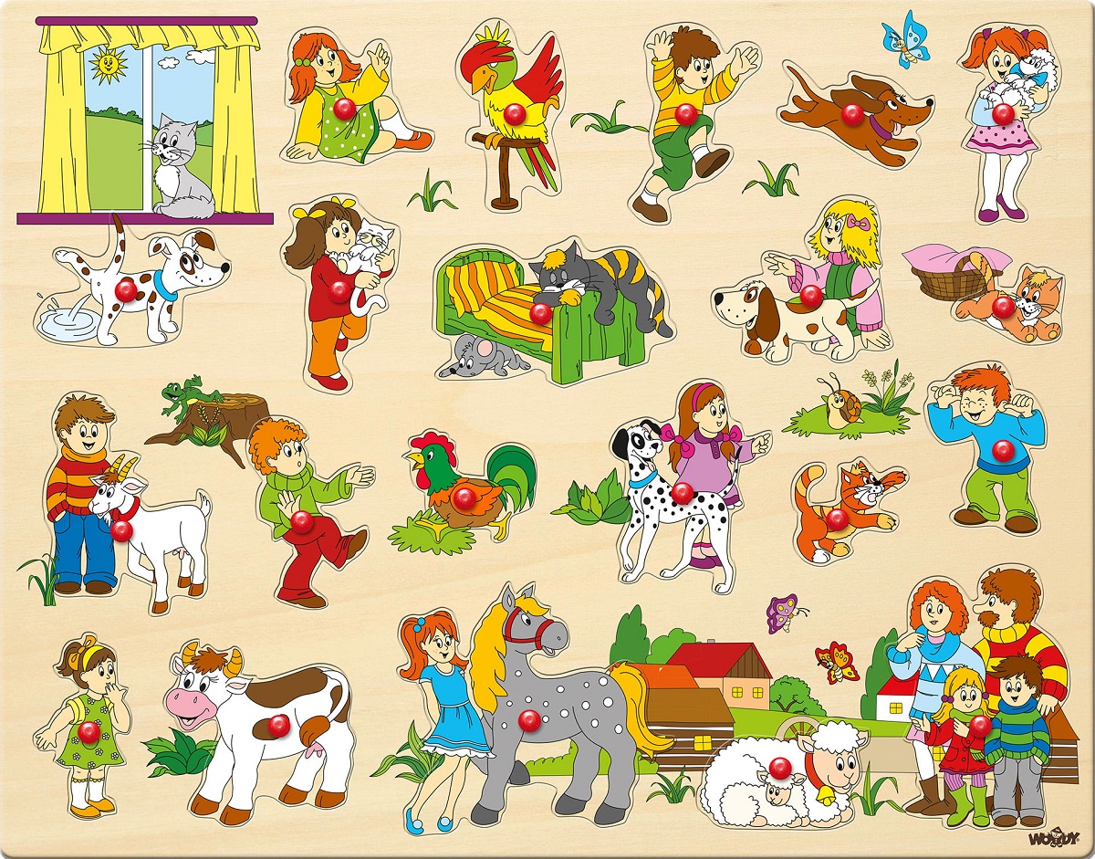 Imaginea produsului 'Puzzle din lemn cu butoni: Copii și animale'