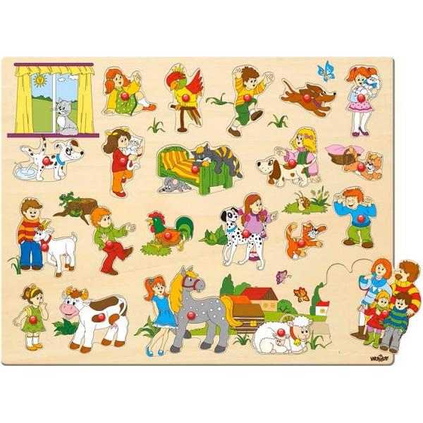 Puzzle din lemn cu butoni: Copii si animale