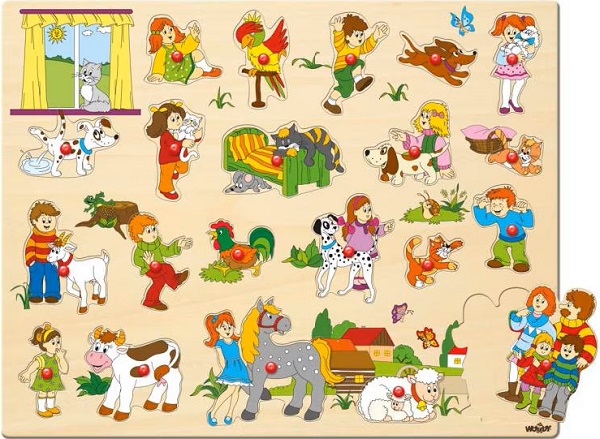 Imaginea produsului 'Puzzle din lemn cu butoni: Copii și animale'
