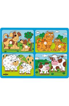 Imaginea produsului 'Puzzle din lemn cu butoni: Animale de companie și puii lor'