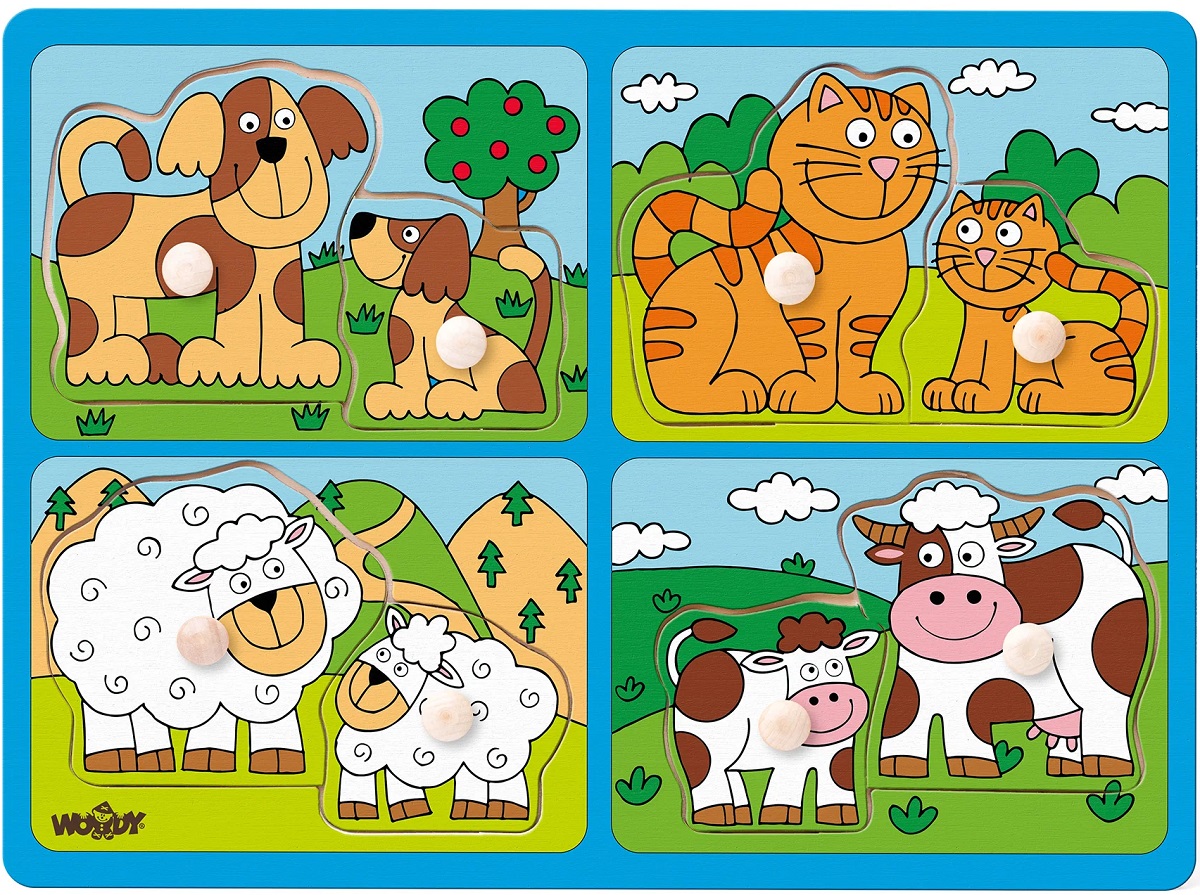 Imaginea produsului 'Puzzle din lemn cu butoni: Animale de companie și puii lor'